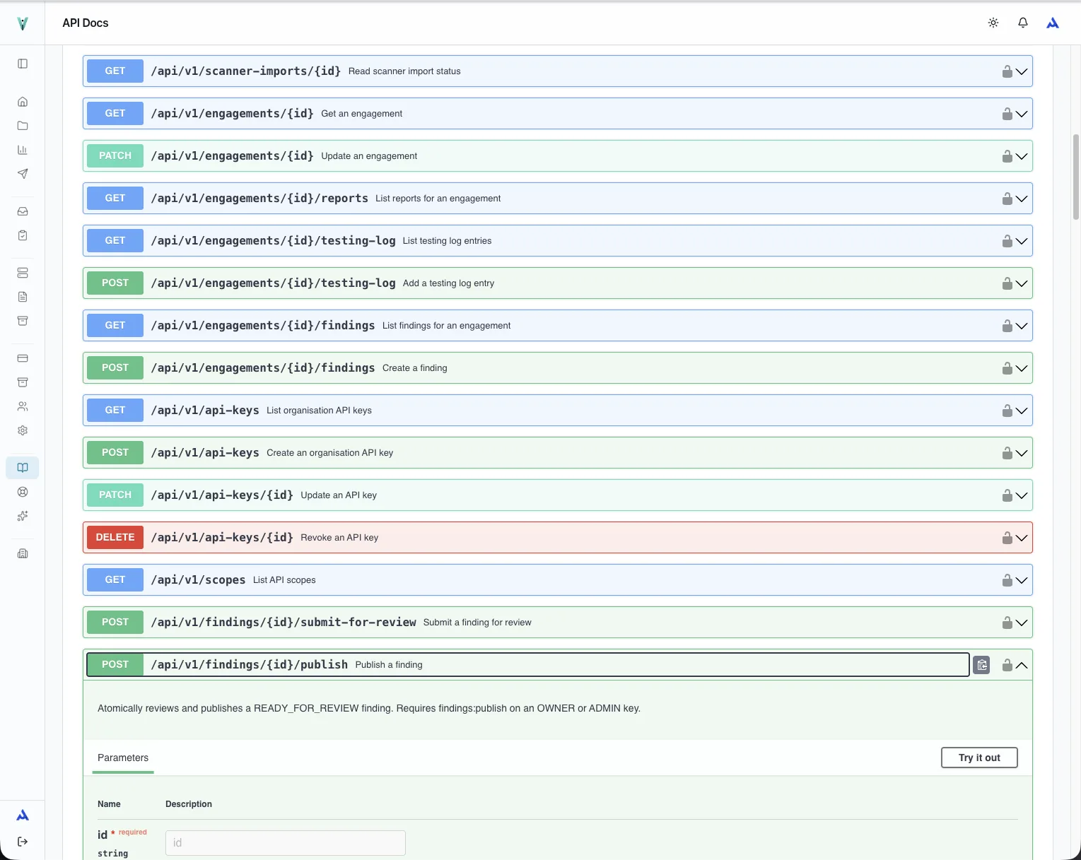 Sanitized current VulnQuill API reference showing API-key, submit-for-review, and publish operations